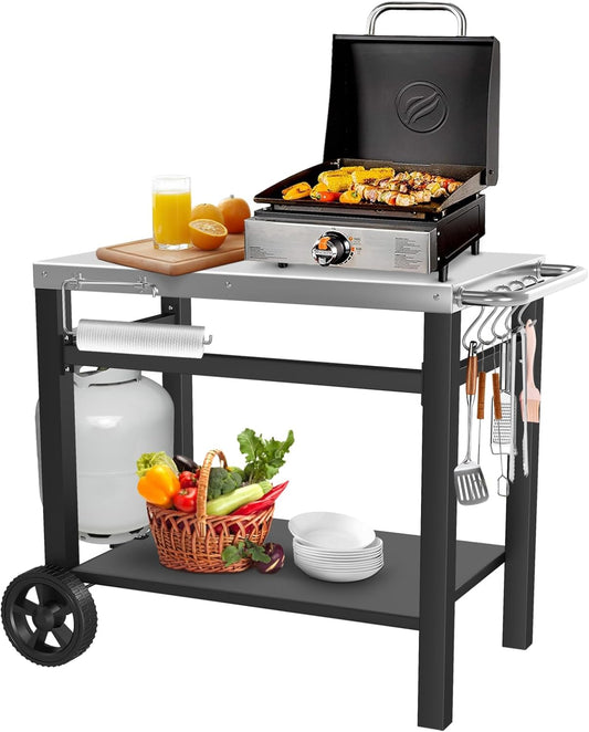 Outdoor Grill Table, Movable Dining Cart, Pizza Oven Table Stand, Double-Shelf Grill Stand, Food Prep and Work Cart with Wheels, Hooks, Fits for Blackstone Ninja