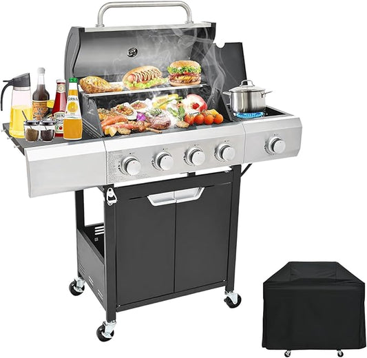 4-Burner Propane Gas BBQ Grill with Side Burner, 51000 BTU Stainless Steel Gas Grill with Rain Cover for Outdoor, Camping, Barbecue Grilling Backyard Cooking (4+1 burner)