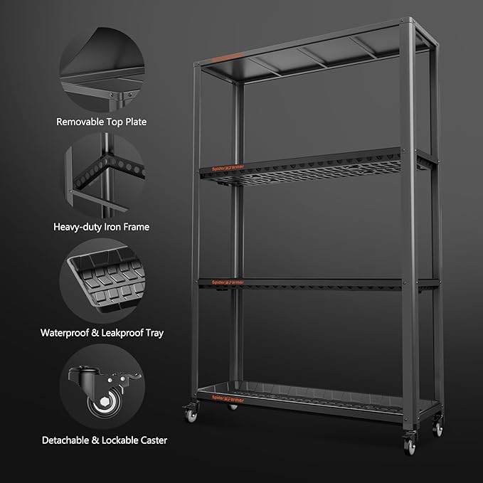 Spider Farmer Plant Stand 3 Tier Heavy-Duty Metal SF600 Plant Shelf With Waterproof Trays and Lockable Wheels For Flower Pot Display Easy Assembly Rack Black Indoor Outdoor 46Lx15Dx70H