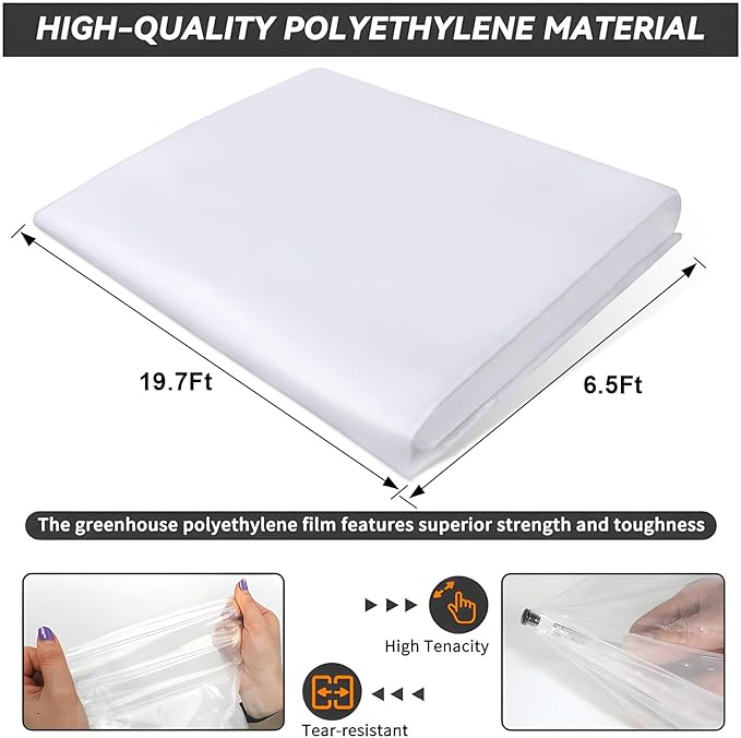 6.5x19.7Ft Clear Greenhouse Film Plastic Sheeting, Greenhouse Polyethylene Plastic Film 6 mil Thickness Replacement Cover, UV Resistant, Plant Covers Freeze Protection for Windproof Frost& Dust Proof