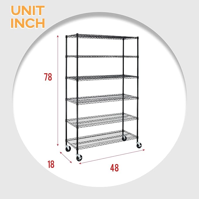 FDW 48" L×18" W×76" H Wire Shelving Unit Metal Shelf with 6 Tier Casters Adjustable Layer Rack Strong Steel for Restaurant Garage Pantry Kitchen Garage,Black