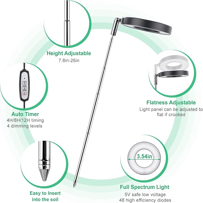 LORDEM Plant Grow Light, Full Spectrum LED Light for Indoor Plants, Auto On/Off Timer, 4 Dimmable Brightness, Black