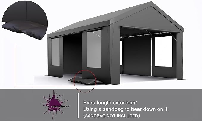 Caport 12'x 20' Portable Garage with Removable Door for Car, Truck, Boat, Car Canopy with All-Season Tarp, Grey