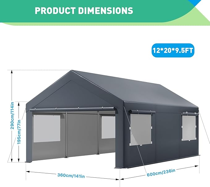 12X20 Ft Heavy Duty Carport Canopy, Portable Garage, Car Tents, Easy to Assemble, Reinforced Structure, with Hanging Edge, Applicable to Car, Bike, Boat, Party (Gray)