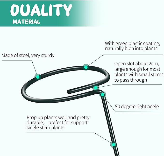 Green Metal Plants Support Stakes (Pack of 8), Garden Single Stem Plant Support Rod and Ring with 10 PCS Plant Clips, Plant Support and Clips Set - for Amaryllis, Rose, Tomato Seedling, Sapling