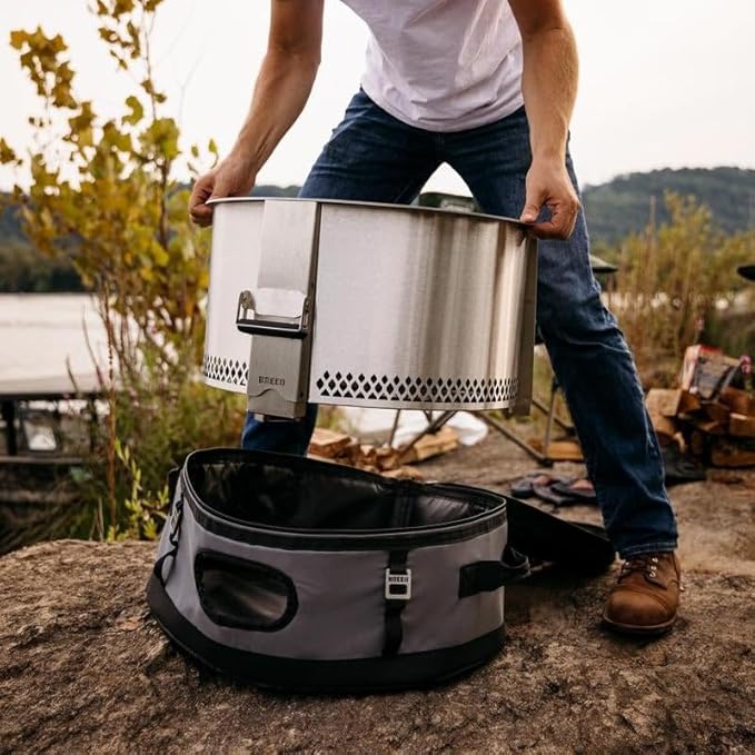 Breeo Smokeless Fire Pit to-Go Bundle (Y Series Stainless Steel, Outpost Grill & to Go Case) | 21 inch Smokeless Firepit for Outside | Ideal for Families