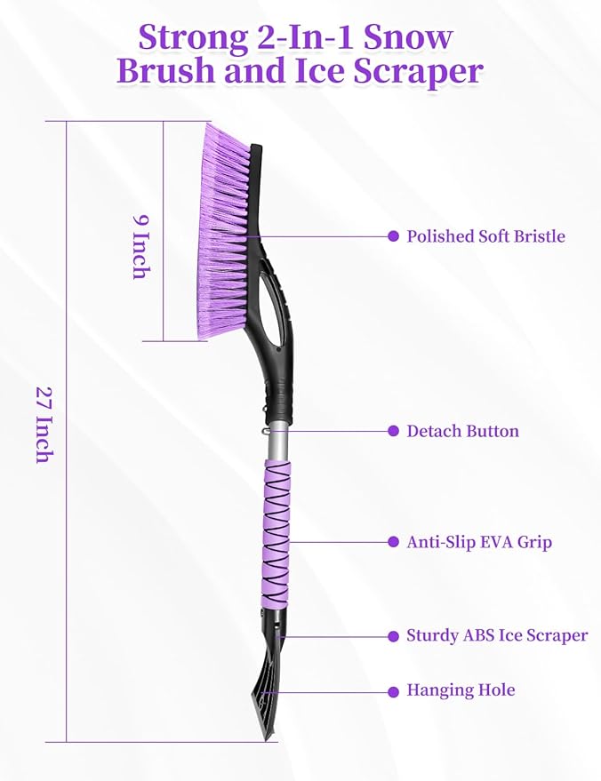 HEEYA 2 Pack 27 Inch Ice Scraper and Brush for Car, Snow Brush and Ice Scraper with Foam Grip, Detachable Snow Scraper for SUV Truck Jeep Vehicle Auto Windshield Window - Purple & Pink