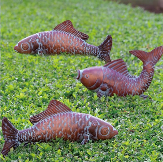 Set of 3 Garden Koi Fish Statue Antique Copper Fishes Outdoor Décor Garden Sculptures & Statues Metal Koi Fish Figurine Ornaments for Outdoors,Patio Decor,Backyard and Home Kitchen Decorations
