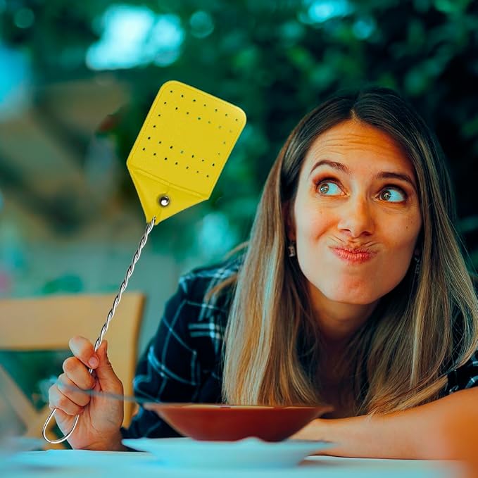 Leather Fly Swatter 2 Pack with 5 Window Fly Traps - Heavy Duty Fly Swatter Manual, Retractable Indoors Outdoors, Large Swatters Multi Pack Long Handle, MATA Moscas