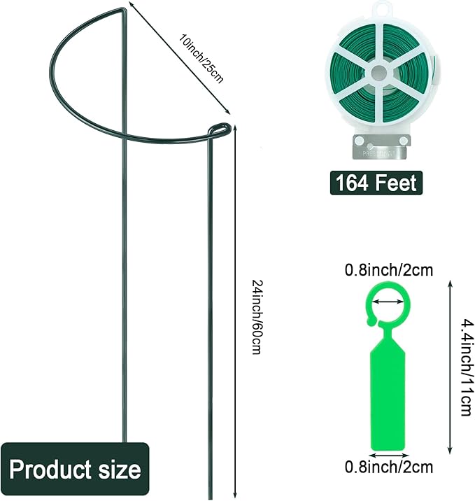 12 Pack Plant Support Stakes, Peony Cages and Supports Large 10" Wide x 24" High Tall Peony Ring Supports, Garden Plant Stakes for Outdoor Plants Rose, Tomato, Hydrangea, Flowers