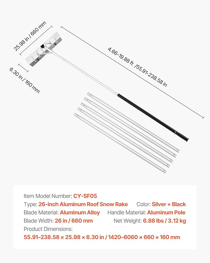 VEVOR Snow Roof Rake, 26 in Aluminum Blade, 7.5-20 ft Adjustable Roof Snow Scraper with Wheels, Anti-Slip Handle Snows Removal Tool, Lightweight House Rooftop Rake for Leaves Debris Removal