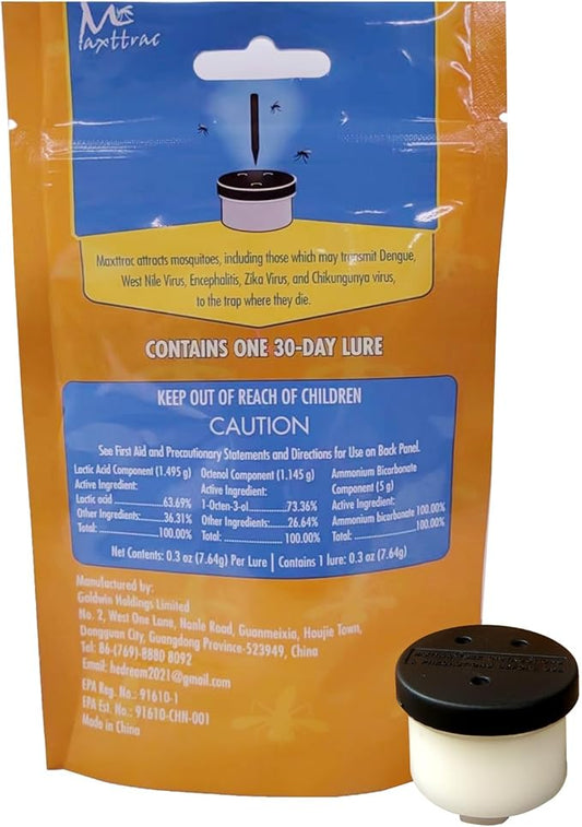 Maxtrac Octenol Lure: Patented Power Fuels Mrs Mosquito Trap to Capture Female Mosquitoes Swiftly – Odorless, Clean, and Relentless Performance, 1-Pack Lasts 30 Days