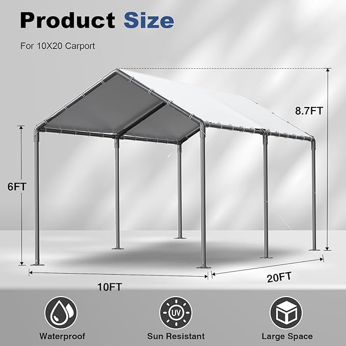 Grezone 10 x 20ft Heavy Duty Carport,Portable Car Tent Garage,All Season UV Resistant Car Canopy for Auto,Truck,Boat,Car (White)