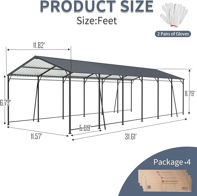 Carport, Heavy Duty Carport with Galvanized Steel Roof and Frame, Metal Large Garage with 4 Fixed Inclined Square Tube Supports (12 * 32 FT)
