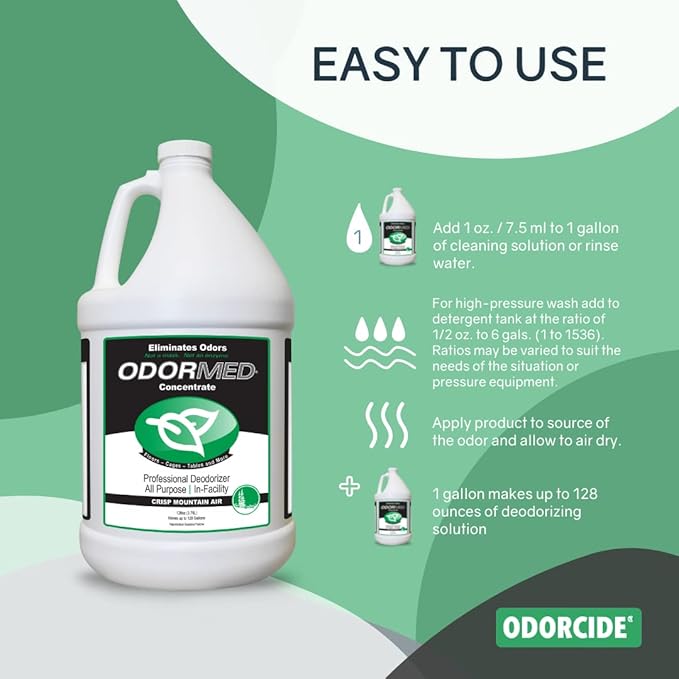 ODORMED Odor Eliminator Concentrate – Pet Odor Eliminator for Strong Odor on Floors, Walls, Cages & More – All-Purpose Carpet Deodorizer w/Safe, Non-Enzymatic Formula (1 Gal, Crisp Mountain Air)