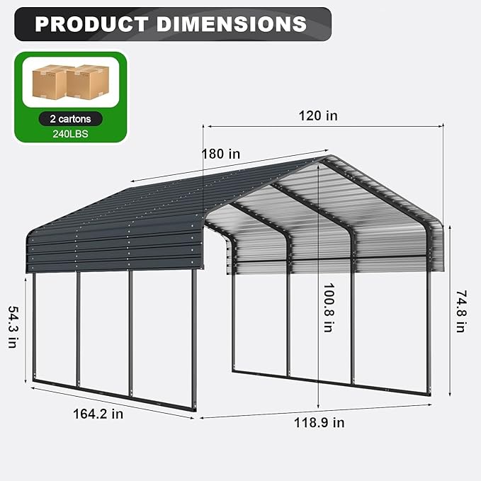 10x15 FT Metal Carport, Heavy Duty Car Port with Galvanized Metal Roof, Outdoor Garage Car Shelter Shade for Car, Boats and Truck (Dark Gray)