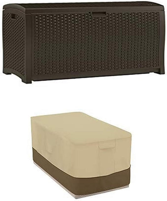 Suncast DBW9200 Mocha Resin Wicker Deck Box, 99-Gallon with Deck Box Cover - Durable and Water-Resistant Patio Furniture Cover