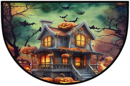 Halloween Half Round Door Mat, Halloween Castle Pumpkin Bats Semicircle Door Mats, Non Slip Area Rug Soft Doormat for Indoor Entrance Wear Resistant Welcome Mat for Garage Patio Home Decor 24 x 36 In