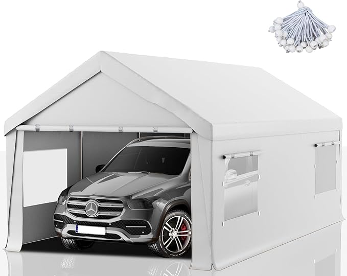 Carport 12x20 FT Heavy Duty, Outdoor Portable Garage with Removable Sidewalls & Doors, Waterproof, UV-Resistant Canopy Shelter for Vehicles, Boats, RVs, Trucks, All-Season Car Port,White