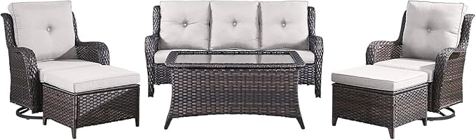Wicker Outdoor Dialogue Set -6-Piece Outdoor Wicker High Back Sofa with Rotating Rocking Chair Terrace Furniture, Suitable for Deck, Pool, Backyard