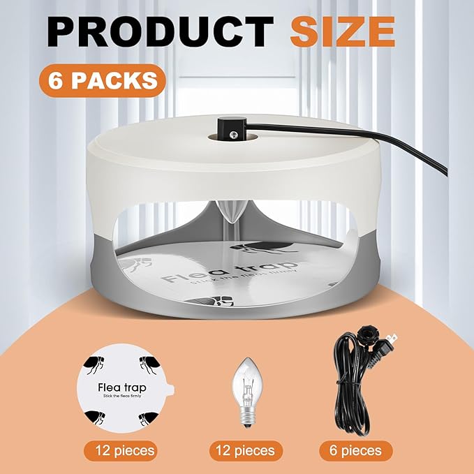 Qualirey 6 Pack Flea Traps with Sticky Disc Bulbs Flea Traps for Inside Your Home Flea Light Trap for Indoor Safe to Pets (White Gray)