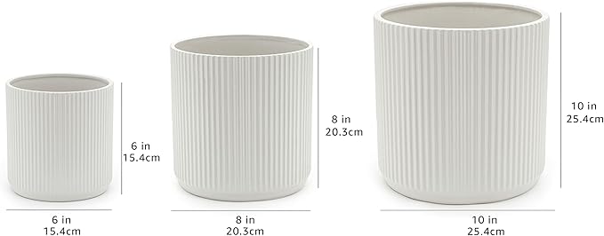 Amazon Basics Assorted Sizes Fluted Ceramic Round Indoor Outdoor Planters with Drainage, Set of 3, Modern Design, 6 inch, 8 inch, 10 inch, White