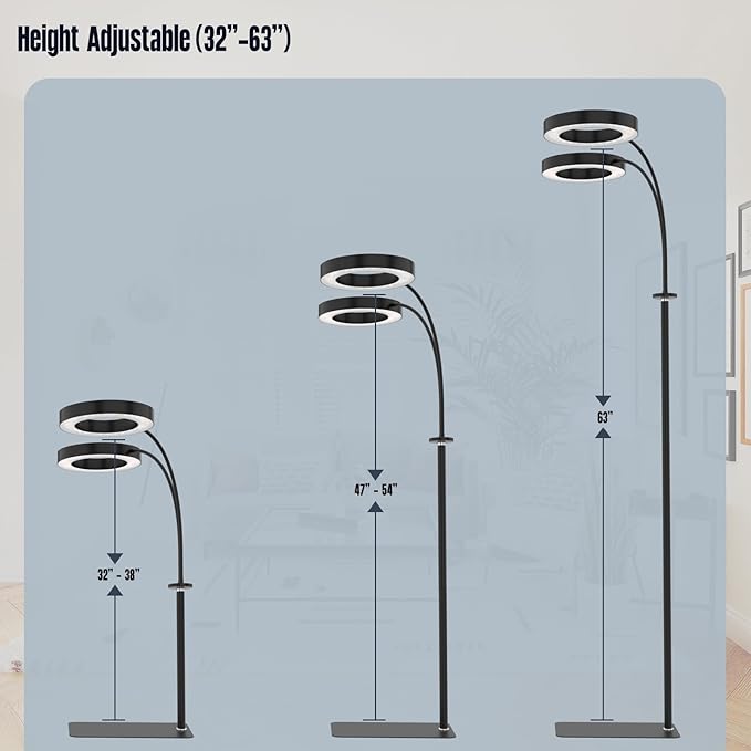 GLOWRIUM Grow Lights for Indoor Plants, 36W Full Spectrum 2-Head LED Plant Light with Stand, Adjustable Height, 3/9/12H Timer, 6 Dimmable Levels & 3 Lighting Modes(Black-Double Head)