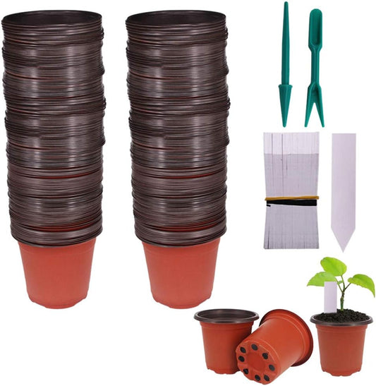 100 Pcs 4" Plastic Seedlings Plants Nursery Pots with 100 Pcs Waterproof Plastic Plant Tags and 2Pcs/Set Transplanting Digging Mini Tools