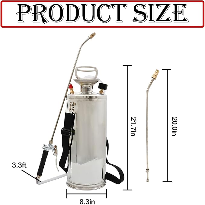 Hand Pump Sprayer Stainless Steel Sprayer for Indoor and Outdoor 2 Gallon Sprayer 20 in Wand 3.3 FT Hose