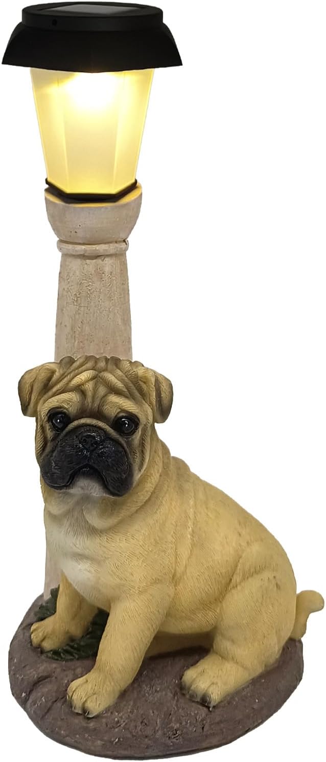 BAYN Solar Dog Garden Statues with Lantern, Resin Pug Dog Sculpture with Warm White Light for Outside Lawn Porch Patio