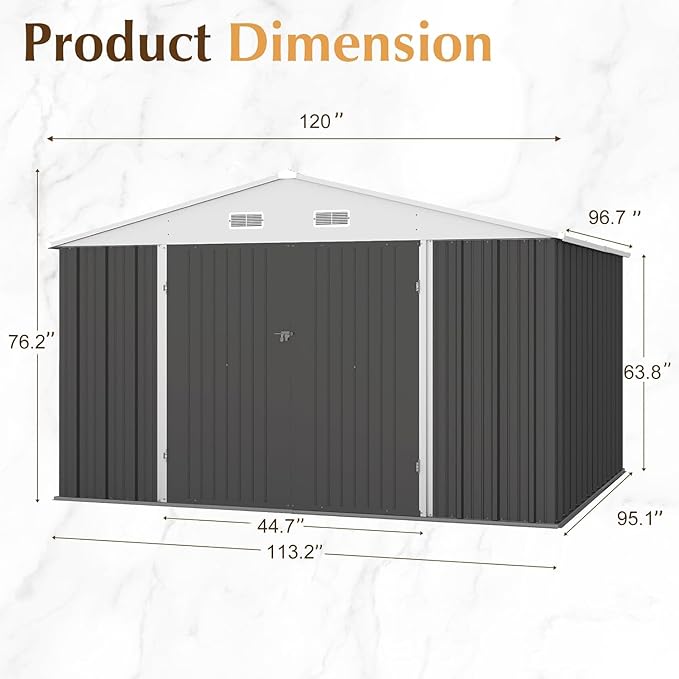 GUNJI 10 x 8 FT Shed Outdoor Storage Shed Metal Garden Shed with Lockable Door Outside Waterproof Tool Shed for Backyard, Patio, Lawn (Gray)