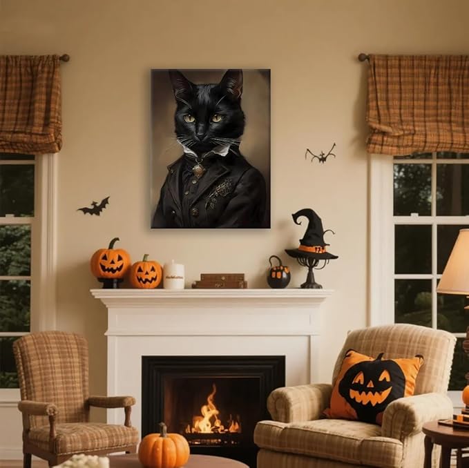 Jatinoo Black Cat Wall Art Framed Canvas - Gothic Home Decor, 16x24 Inch Vintage Print for Dark Academia, Moody Witchy Halloween Decor, Aesthetic Room Poster & Cat Lover Gift