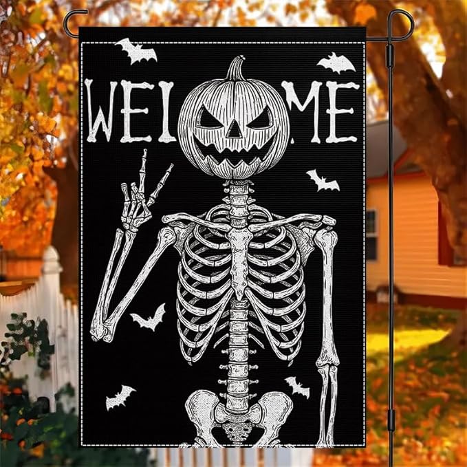 Halloween Welcome Garden Flag 12x18 Inch Double Sided, Grim Reaper Skeleton Pumpkin Yard Flag, Outdoor Porch Patio Lawn Decoration for Haunted House, Birthday Party, Holiday Seasonal Décor