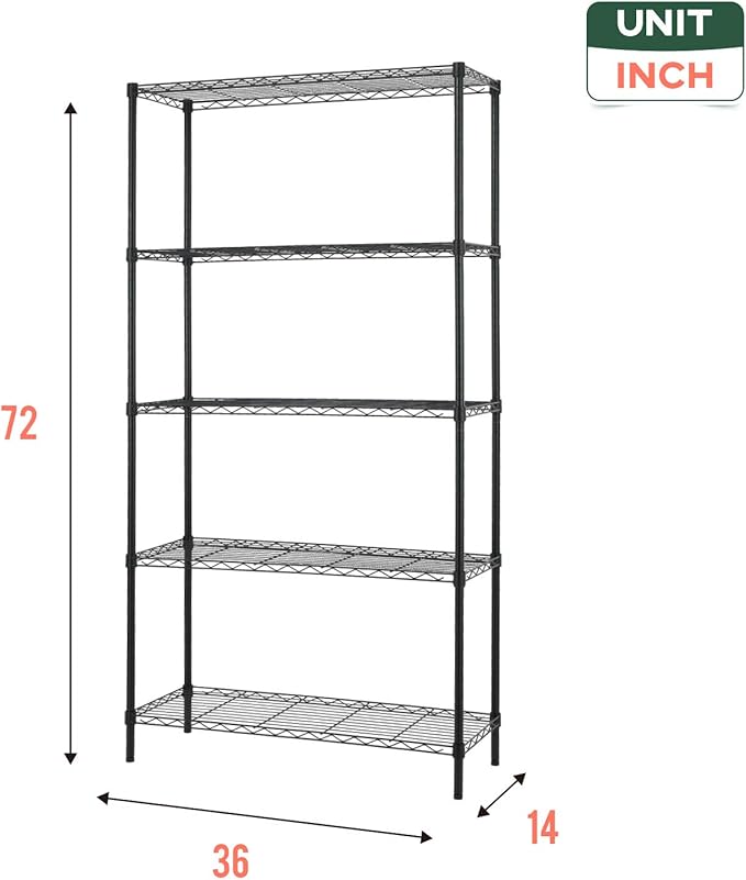 14" D×36" W×72" H Wire Shelving Unit Commercial Metal Shelf with 5 Tier Adjustable Layer Rack Strong Steel for Restaurant Garage Pantry Kitchen Garage，Black