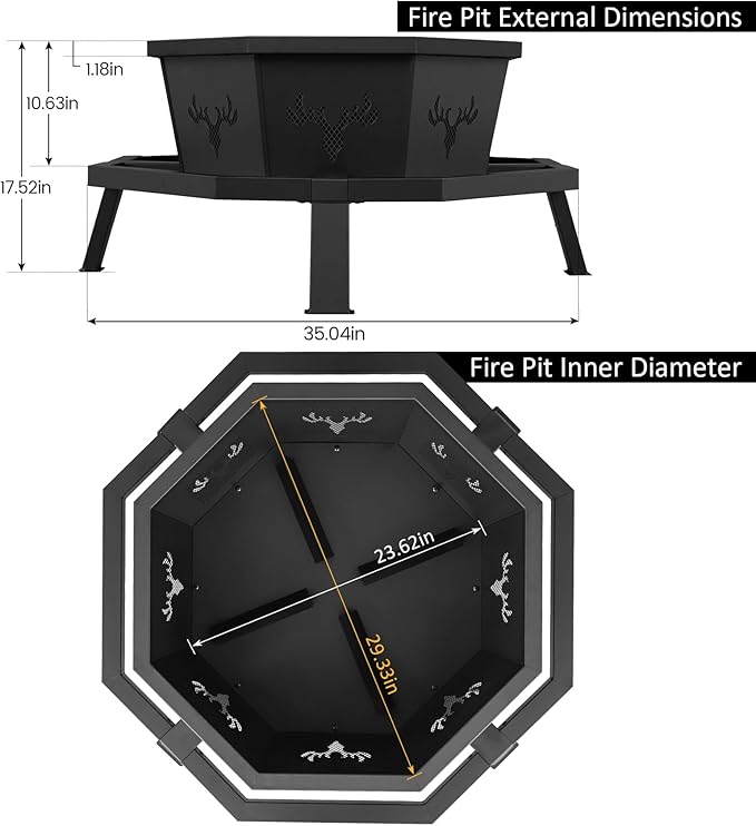BOINN 35 Inch Octagonal Outdoor Fire Pit,Fire Pits for Outside Wood Burning Fire Pit,Firepit,Firepits for Outside,Camping,Backyard,Patio,Bonfire,Garden,Porch,Black