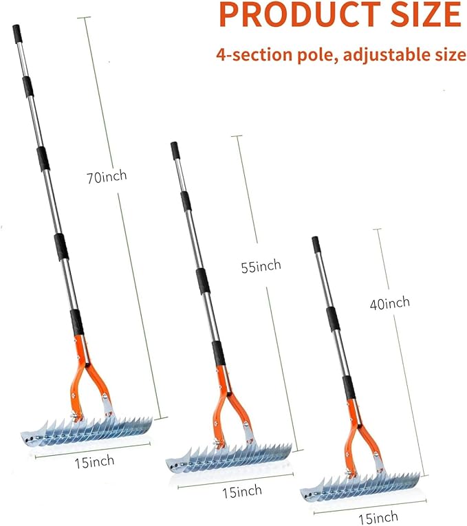 Thatch Rake, 15-Inch Steel Lawn Dethatcher with Handle, Robust Dethatcher Rake, Heavy Duty Grass Cleaning Tool for Dead Grass and Soil Loosening, Yard Garden Durable Soil RAK e