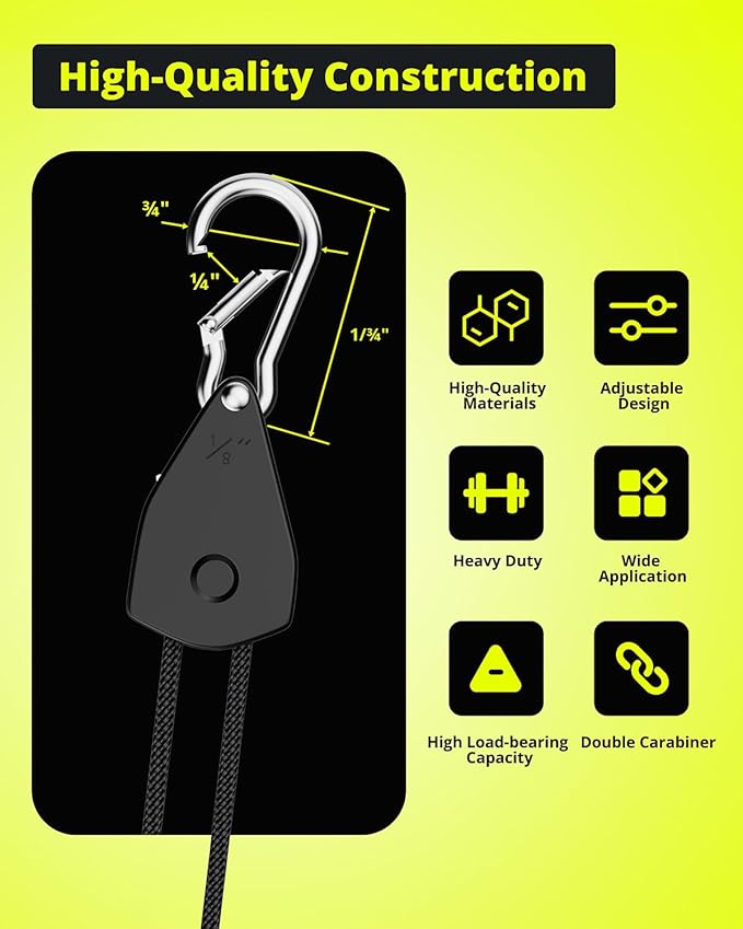 12-Pack 1/8" Adjustable Rope Hanger, Heavy-Duty Ratchet Tie Down Strap with Reinforced Metal Gear, 10 FT Length, 75 lbs Capacity for Grow Lights, Hanging Plants, and General Tie-Downs