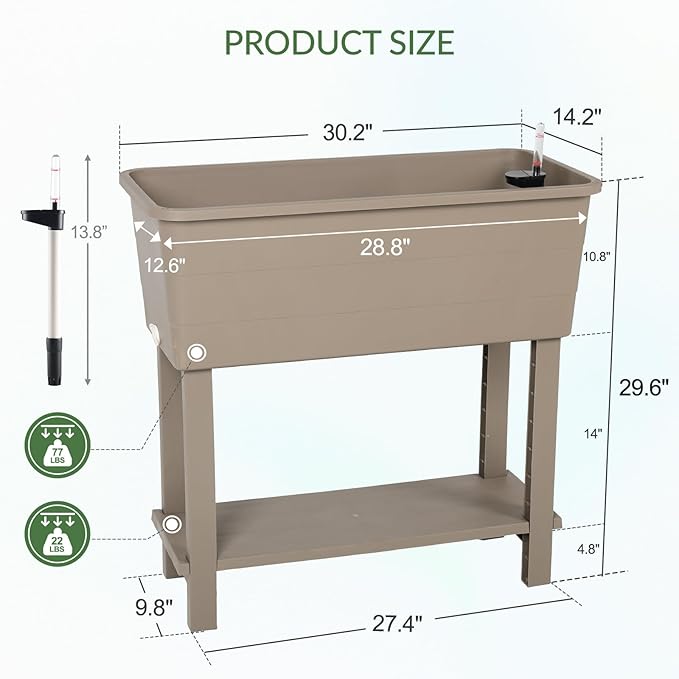 Aoodor 30" x 14" x 29" Raised Planter Box with Legs, Storage Shelf, Drainage Plug, and Water Level Indicator, for Vegetables, Flowers, Herbs, Outdoor Use, Set of 3, Khaki