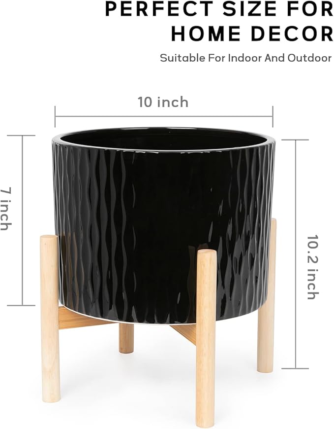 LaDoVita Ceramic Plant Pot with Stand, 10 Inch Planter with Wood Shelf, Modern Round Flower Pots Indoor with Wood Planter Holder, Black Water Ripple Pattern