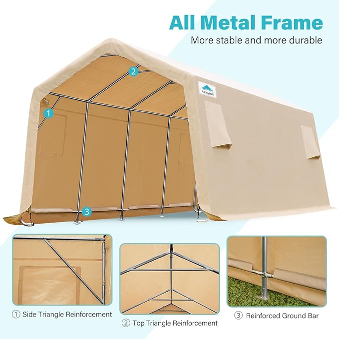 ADVANCE OUTDOOR Heavy Duty 10X20 ft Carport Outdoor Patio Portable Canopy Storage Shelter Shed with 2 Rolled up Zipper Doors & Vents for Snowmobile Garden Tools, Beige