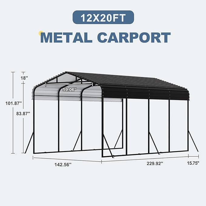 12x20 FT Metal Carport, Garage with Updated Frame Structure, Galvanized Steel Roof and Enhanced Base Canopy, Metal Garage Car Shelter Shade for Car, Boats and Truck