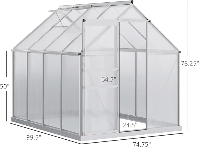 Outsunny 6' x 8' x 6.5' Polycarbonate Greenhouse with Adjustable Roof Vent, Walk-in Heavy Duty Green House Kit with Aluminum Frame, Sliding Door and Rain Gutter for Winter, Silver