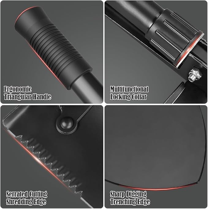 Folding Shovel, Overall Length 15.35 Inches, Foldable Design with Portable Bag, Made of Durable Materials, Serrated Edge, for Camping, Hiking, Gardening, Fishing & Emergencies (Black)