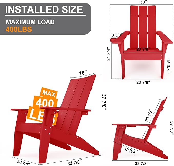 MXIMU Adirondack Chair Set of 2: Modern Adirondack Chairs Fire Pit Chairs Plastic Outdoor Chairs for Lawn Backyard Deck Garden Camping (Red)