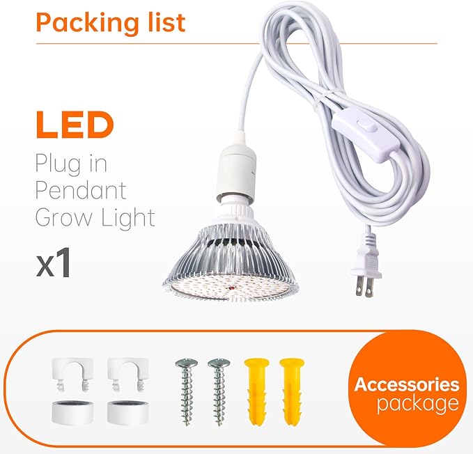 LED Hanging Grow Light, Grow Light Bulb for Indoor Plants, 25W Full Spectrum Hanging Grow Light,3000K Plant Light Bulbs with 16.4FT Power Cord, Pendant Grow Lights for Indoor Plants, 1 Pack