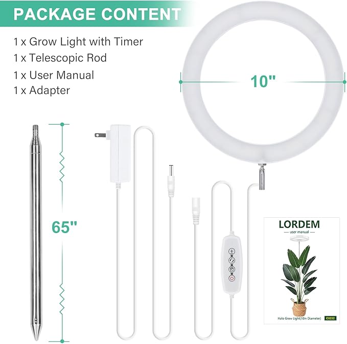 LORDEM 10" Grow Light for Indoor Plants, Full Spectrum Plant Lamp with 160 LEDs, 4H/8H/12H Timer, 10 Dimmable Levels, 3 Spectrum Modes, Height Adjustable 65", Ideal for Growing Large Tall Plants