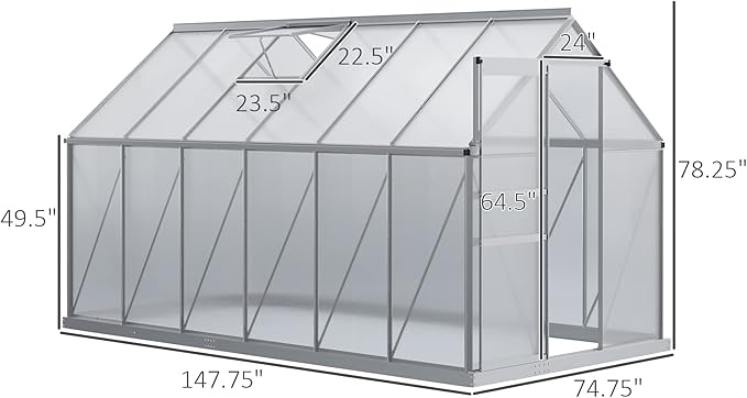 Outsunny 12' x 6' x 6.5' Polycarbonate Greenhouse with Aluminum Frame, Walk-in Heavy Duty Greenhouse with Adjustable Roof Vent, Rain Gutter and Sliding Door for Winter, Silver