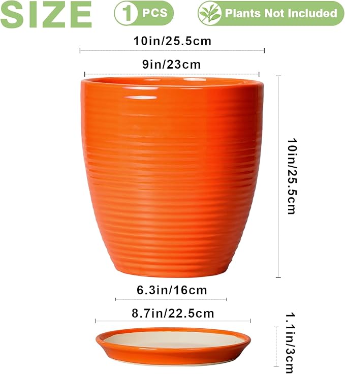 Ceramic Planter - 10 Inch Plant Pot for Indoor Outdoor, Modern Planters with Drainage Hole and Saucer, Round Large Plant Pot, Patio Room House Decor, House Warming Gifts, Orange