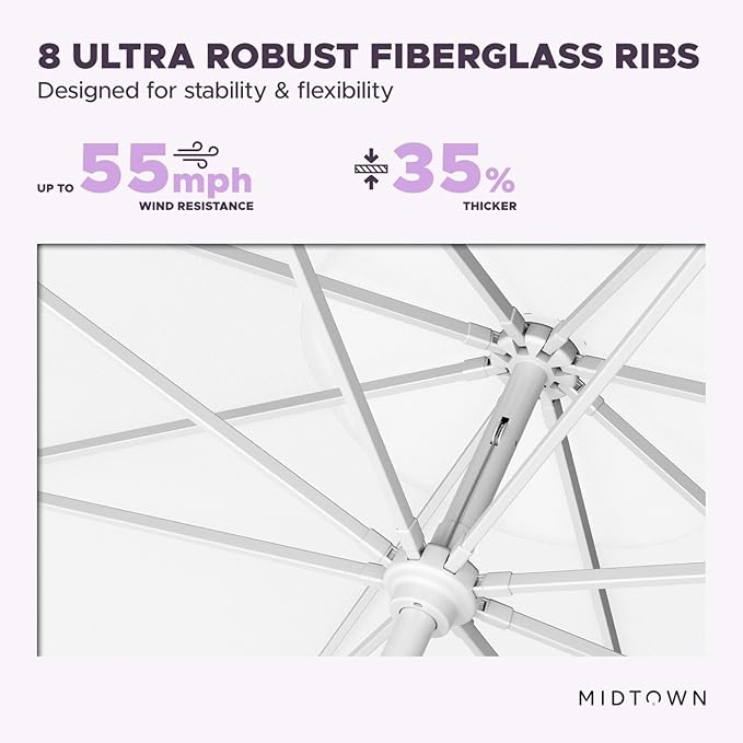 Midtown Umbrellas The Swilt 9 Feet Patio Umbrella in Terylast Ivory (White) Polyester Fabric - Fiberglass Ribs, Auto-Tilt Aluminum Frame For Backyard, Deck, Garden, Pool - White Pole