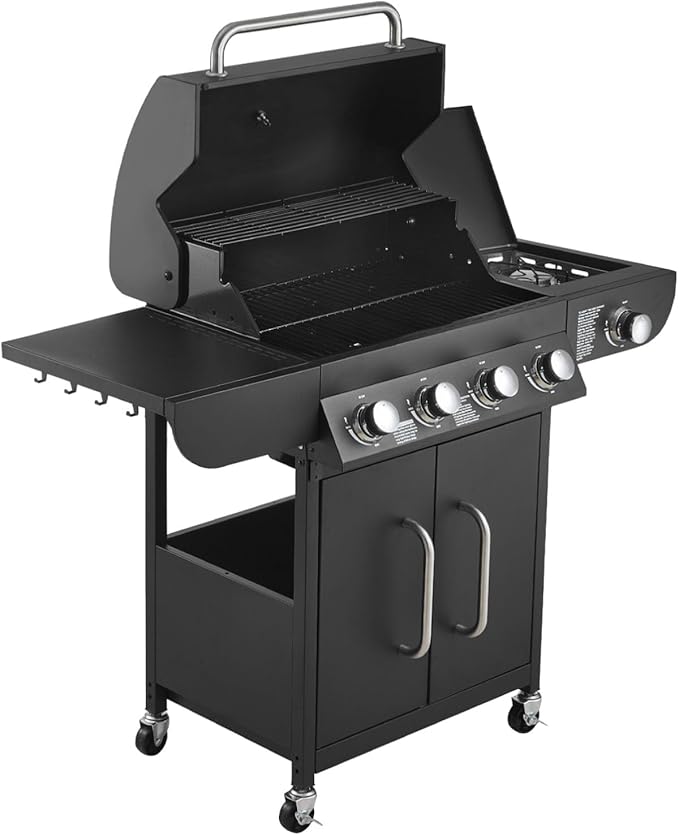 VEVOR Gas Grill, 4 Burner Propane Gas Grill with Side Burner, 425 SQ.In Grilling Area, Carbon Steel Enamel Grates, Outdoor 52,000 BTU Patio Garden BBQ Grills with Two Side Shelves, Carbon Steel